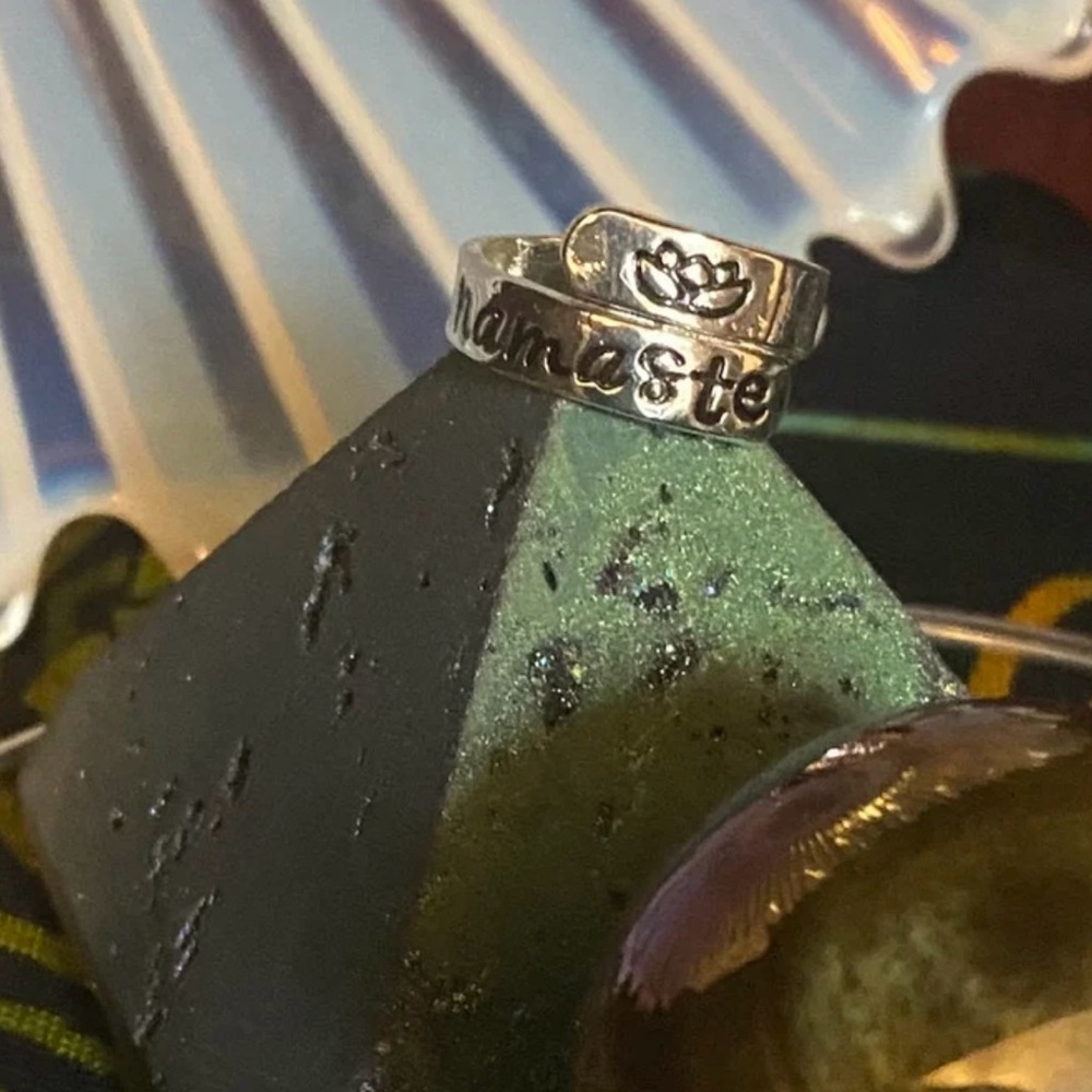 New Silver Lotus “Namaste” Adjustable Ring | Unisex Spiritual Wrap Ring - Picture 3 of 4